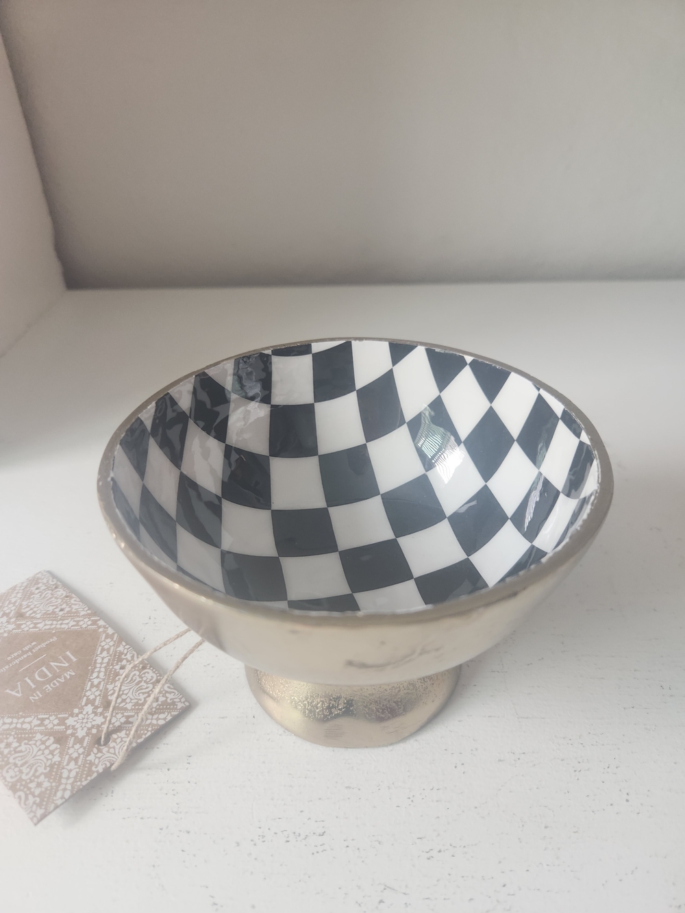 Checkerboard Ceramic Lined Brass Pedestal Bowl - Picture 6 of 9